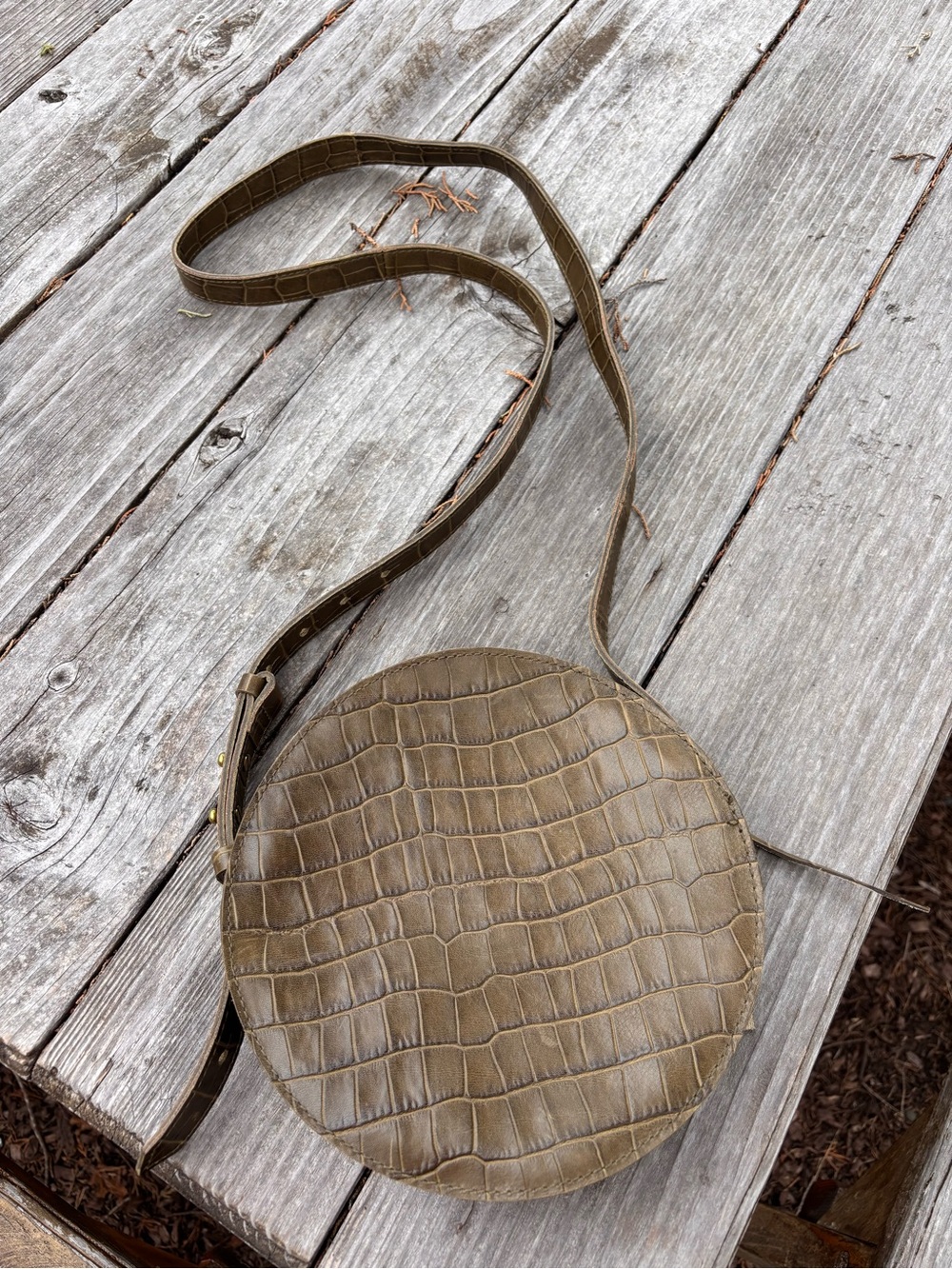 Olive Croc-Embossed Round Crossbody Bag